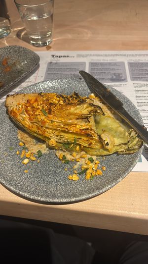 Delicious chip cabbage with cashew nut purée.   at Ambiente Tapas in Leeds