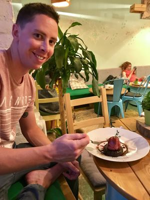 Brownie with raspberry ice cream. at RA Family in St Petersburg