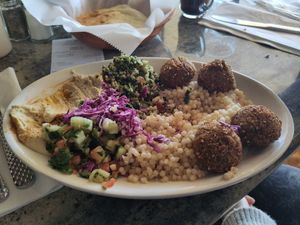 Vegan Plate (already started eating... Yammi) at Eli's Jerusalum Grill in Birmingham