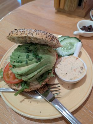 Avocado bagel with dried tomato cream "cheese" at Bagels & Beans in Enschede