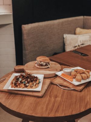 Jackfruit chili cheese fries 
BBQ jackfruit burger 
Tofu nuggets  at Green Bar in Makati