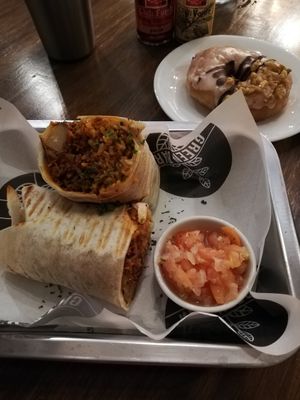 CHORIZNO BURRITO & Strawberry walnut doughnut at Green Bar in Makati
