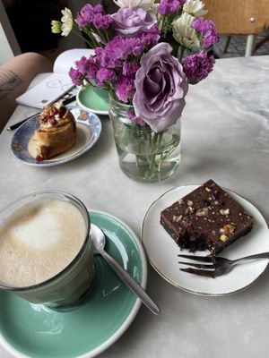 Vegan healthy brownie with a chai latte (oat)  at By Lima in Haarlem