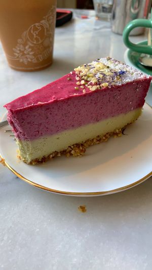 Vegan pistachio and raspberry cheesecake  at By Lima in Haarlem