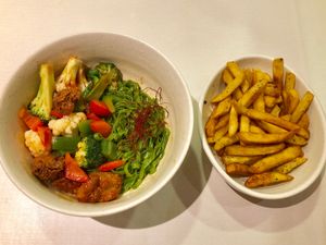 Dry Tomato Spinach Noodles and Truffle fries at Grove - Waterway Point in Northeast Singapore