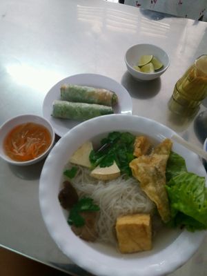 noodle soup and fresh spring rolls  at Quan Chay 103 in Ho Chi Minh City