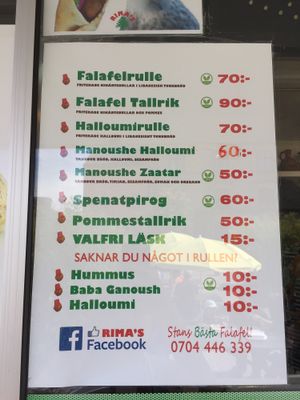 Menu with vegan options at Rima's in Varberg
