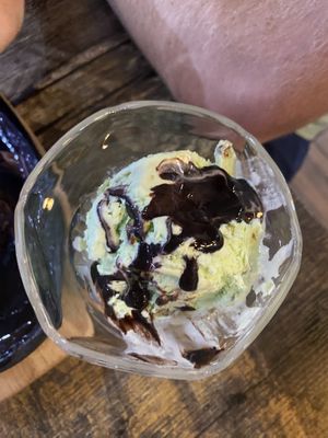 Pistachio ice cream and chocolate sauce   at The Black Cat Cafe in Kuala Lumpur