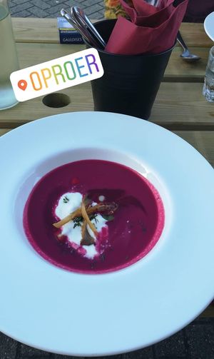 Cold beetroot soup. Very, very taste at Oproer Brouwerij in Utrecht