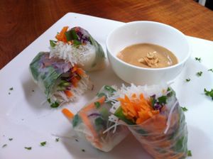 Spring Rolls with Thai Peanut Sauce, made with homemade peanut butter! at Drishti Veggie Bar in Monteverde