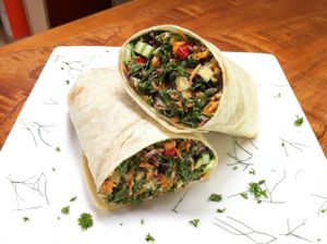 Veggie wraps with whole wheat tortillas, your choice of filling with homemade sauces, organic greens , healthy nuts and seeds! at Drishti Veggie Bar in Monteverde