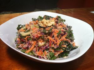 Thai Noodle Bowl with homemade peanut sauce! at Drishti Veggie Bar in Monteverde