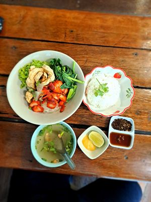 Some type of duck with rice noodles and I ordered rice. at Khun Churn in Chiang Mai