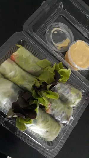 Fresh spring rolls with vegan sauce at Guan Im in Chiang Mai