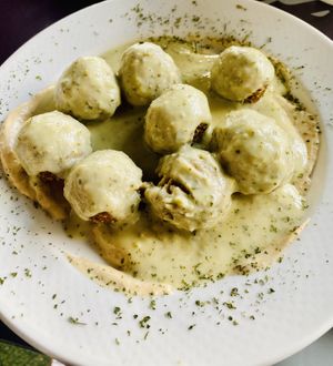 Quinoa “ meatballs “ in mushroom sauce   at Vintage 54 in Almeria