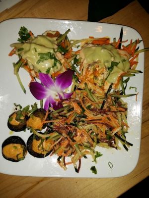 today's dinner sampler. tostadas, pesto mushrooms, salad. good. at 118 Degrees in Tarzana