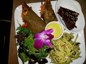 tonight's dinner sampler: curry rolls, brownie, zucchini noodles, caesar salad at 118 Degrees in Tarzana