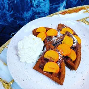 Vegan Gingersnap Waffles with Fuyu Persimmons and Chantilly Cream #Veganuary at The Butcher's Daughter in Venice