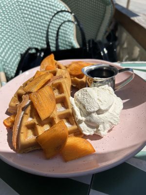 Lemon lavender waffle with persimmons and coco whip  at The Butcher's Daughter in Venice