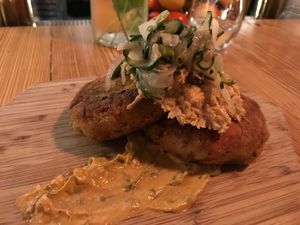 Crab cakes  at The Butcher's Daughter in Venice