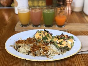 Vegetarian Benedict Eggs with mimosas  at The Butcher's Daughter in Venice