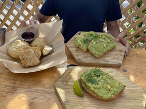 Yummy avocado toast. Homemade biscuits and delicious homemade jelly. at The Butcher's Daughter in Venice