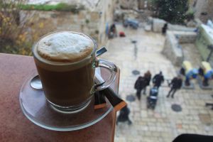 It's hard to find soy milk in these parts, but here it is. My soy latte. at The Quarter Cafe in Jerusalem