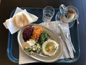 Delicious and filling salad plate: beets, carrots, tabouli, chumus and Israeli salads. at The Quarter Cafe in Jerusalem