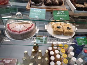 Vegan strawberry cake, vegan and gluten free bounty dessert, vegan kit kat dessert,  non vegan napoleon cake (sugar free) at VegBurger in Yekaterinburg