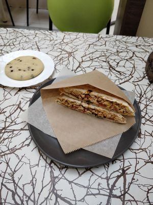 Tofu omelet and chocolate chip cookie at VegBurger in Yekaterinburg
