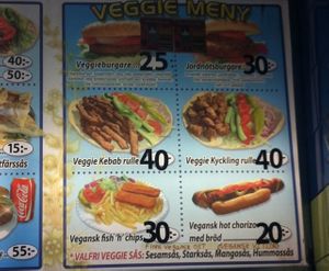 The vegan menu.

If I'm hungry, I usually get the vegan chicken wrap with garlic sauce - it's sooo good. The hot chorizo in bread is good for a quick snack, if you're planning on eating within the next couple of hours. at Jalla Jalla  in Malmo