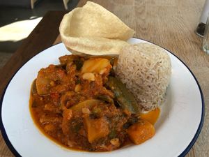 One pot dish of the day.  Curry, rice, papadum at Henderson's - Holyrood in Edinburgh