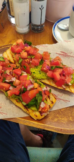 Bruschetta and my leg at Henderson's - Holyrood in Edinburgh