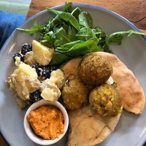 Falafel with potato salad.  at Henderson's - Holyrood in Edinburgh