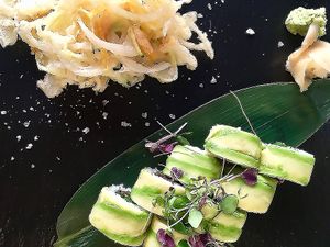 Avocado hosomaki and kara-age at Basara in Venice