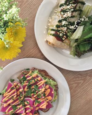 Avocado Toast with Watermelon Radish and Sriracha Mayo and Breakfast Burrito at Routine in Brooklyn