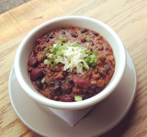 Vegan Chili made with 'Beyond Meat' Crumbles, Red and Black Beans at Routine in Brooklyn