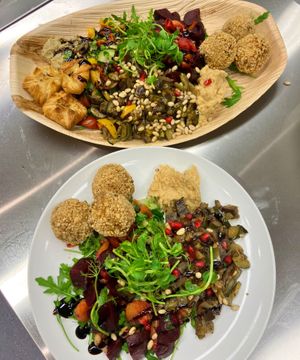 Arancini and almond-feta pastrymezze plates at our plant-based Charlton Kings, Cheltenham café at Poco Culina in Cheltenham
