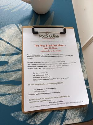 Breakfast menu at Poco Culina in Cheltenham