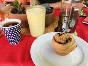 Rollito de canela, licuado de mango at Casita Ecovegana de Zihuatanejo Cooperativa in Zihuatanejo