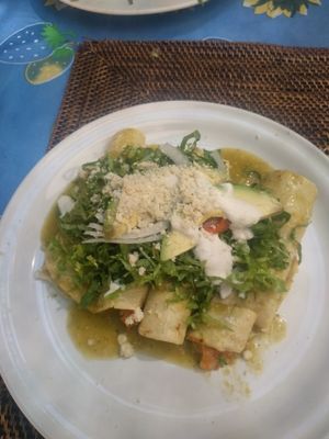 Amazing potato enchiladas with beautiful presentation at Casita Ecovegana de Zihuatanejo Cooperativa in Zihuatanejo