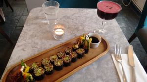 maki rolls and delicious beetroot espresso drink at Redemption - Shoreditch in East London