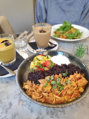 Buddha Bowl, hot drinks, brown rice pasta of the day at Redemption - Shoreditch in East London