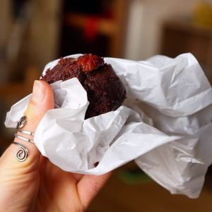 Gooey, delicious vegan brownies.  at Lingua World Cafe in Osaka