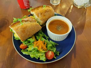 Balsamic Veggie baguette with added Avocado and tomato soup at Lingua World Cafe in Osaka