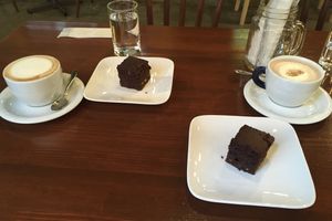 Vegan brownie and coffee vs. cocoa with soy milk at Lingua World Cafe in Osaka