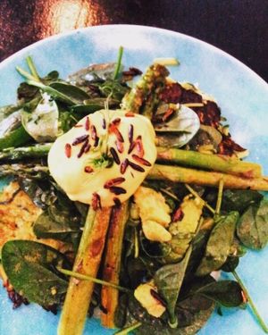 Zucchini hash with asparagus, avocado, spinach & vegan hollandaise sauce. at Cloud Nine in Perth