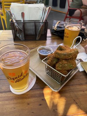 Avocado fries and some tropical beerss  at Kona Brewing Co in Kailua Kona