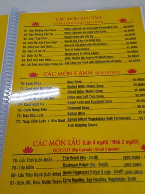 Updated menu at Dinh Y in Ho Chi Minh City