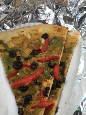 Vegan slice of the day: vegan roux, peppers, and olives at Pie Hole in Missoula